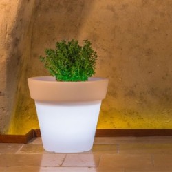 Vaso luminoso rotondo da giardino in resina bianca per esterno. Vasi luminosi circolari da interno illuminati di luce bianca