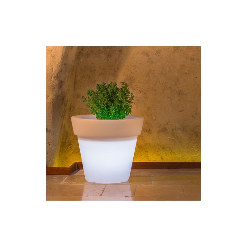 Vaso luminoso rotondo da giardino in resina bianca per esterno. Vasi luminosi circolari da interno illuminati di luce bianca