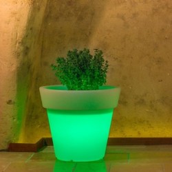 Vaso luminoso rotondo da giardino in resina bianca per esterno. Vasi luminosi circolari da interno illuminati di luce verde