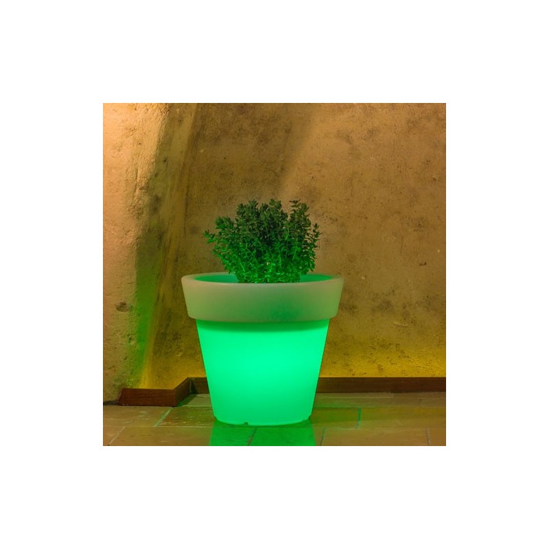 Vaso luminoso rotondo da giardino in resina bianca per esterno. Vasi luminosi circolari da interno illuminati di luce verde