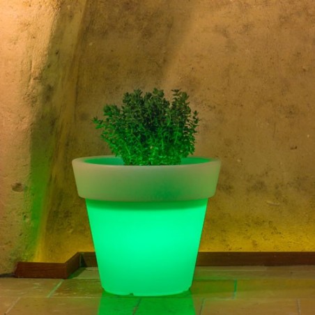 Vaso luminoso rotondo da giardino in resina bianca per esterno. Vasi luminosi circolari da interno illuminati di luce verde