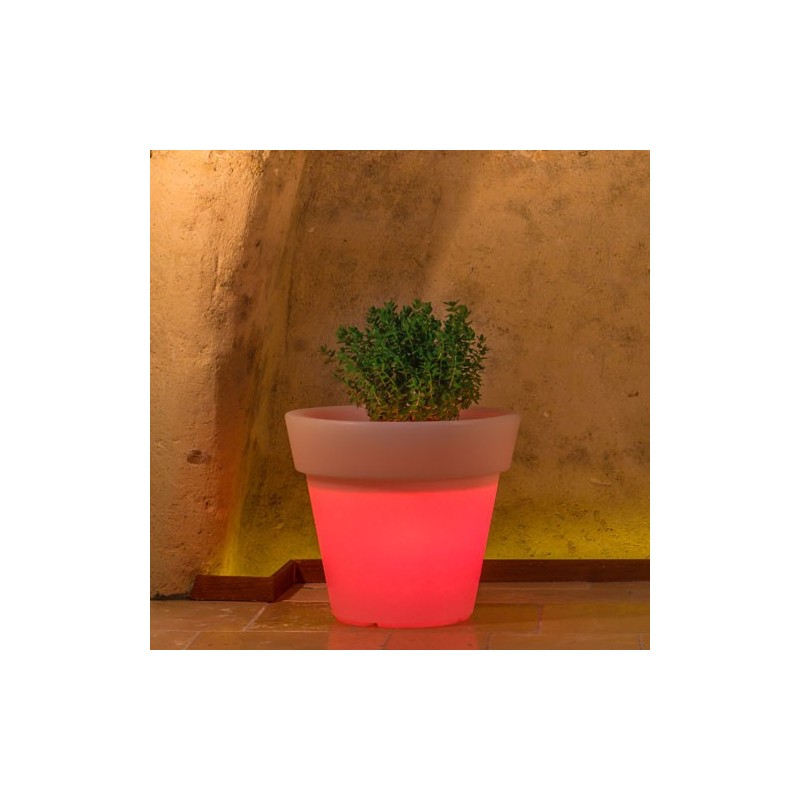 Vaso luminoso rotondo da giardino in resina bianca per esterno. Vasi luminosi circolari da interno illuminati di luce rossa
