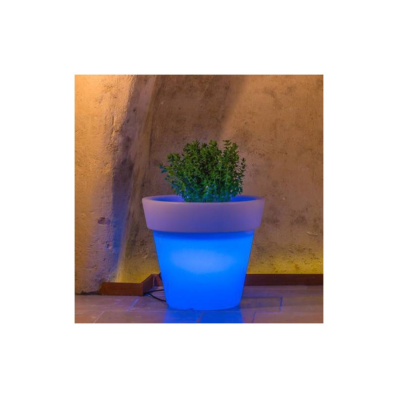 Vaso luminoso rotondo da giardino in resina bianca per esterno. Vasi luminosi circolari da interno illuminati di luce blu