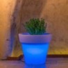 Vaso luminoso rotondo da giardino in resina bianca per esterno. Vasi luminosi circolari da interno illuminati di luce blu