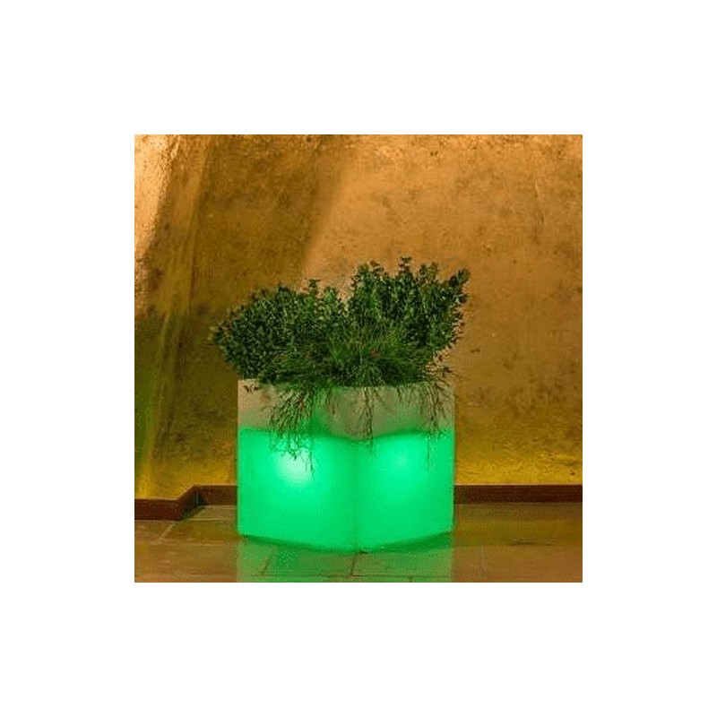 Vaso luminoso quadrato da giardino in resina bianca per esterno. Vasi luminosi da interno illuminati di luce verde
