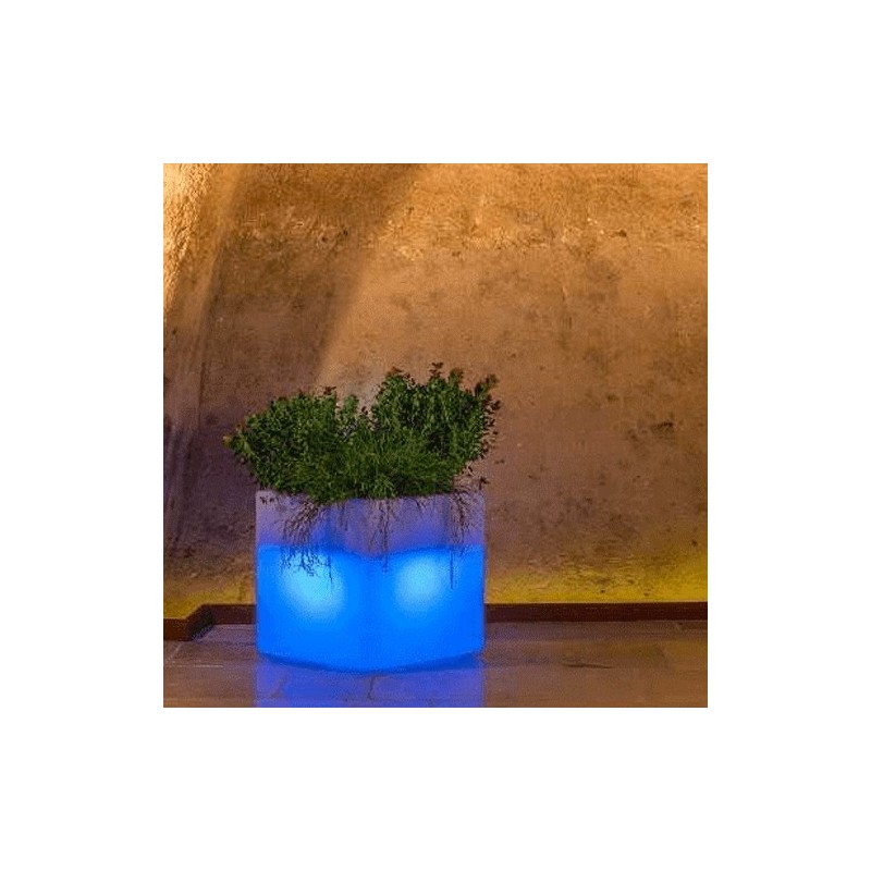 Vaso luminoso quadrato da giardino in resina bianca per esterno. Vasi luminosi da interno illuminati di luce blu